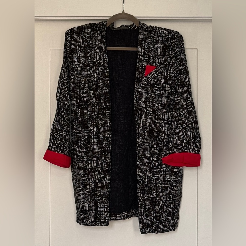 Open-Front Black & White Tweed-print Blazer with Red Accents